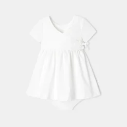 Robe à Manches Courtes Et Bloomer En Coton Bio Blanche Naissance Absorba