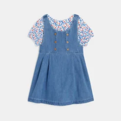 Robe Salopette Denim Léger Et T-shirt Fleuri Bleue Bébé Fille -KIALLA Vetements Magasin 0473823 800 1