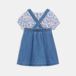 Robe Salopette Denim Léger Et T-shirt Fleuri Bleue Bébé Fille -KIALLA Vetements Magasin 0473826 800
