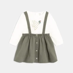 Robe à Bretelles En Twill Et T-shirt Oiseau Verte Bébé Fille -KIALLA Vetements Magasin 0474787 800