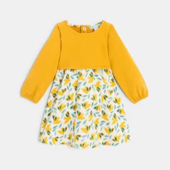 Robe Bi-matière Imprimée Oiseaux Jaune Bébé Fille -KIALLA Vetements Magasin 0474837 800