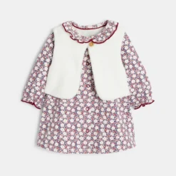 Robe En Molleton Fleuri Et Gilet Soft Boa Rose Naissance
