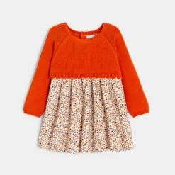 Robe Bi-matière Maille Tricot Et Seersucker Fleuri Orange Bébé Fille
