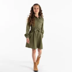 Robe-chemise En Toile Unie Verte Fille