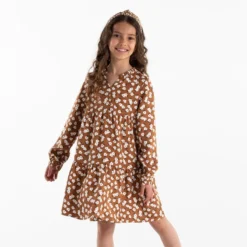 Robe Volantée Imprimée Marron Fille -KIALLA Vetements Magasin 0511935 800