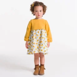 Robe Bi-matière Imprimée Oiseaux Jaune Bébé Fille
