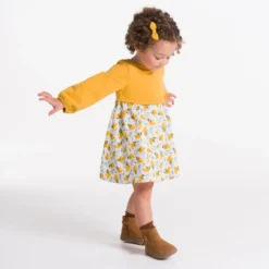 Robe Bi-matière Imprimée Oiseaux Jaune Bébé Fille -KIALLA Vetements Magasin 0527084 800